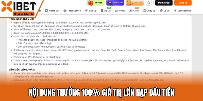 Nội dung thưởng 100% giá trị lần nạp đầu tiên